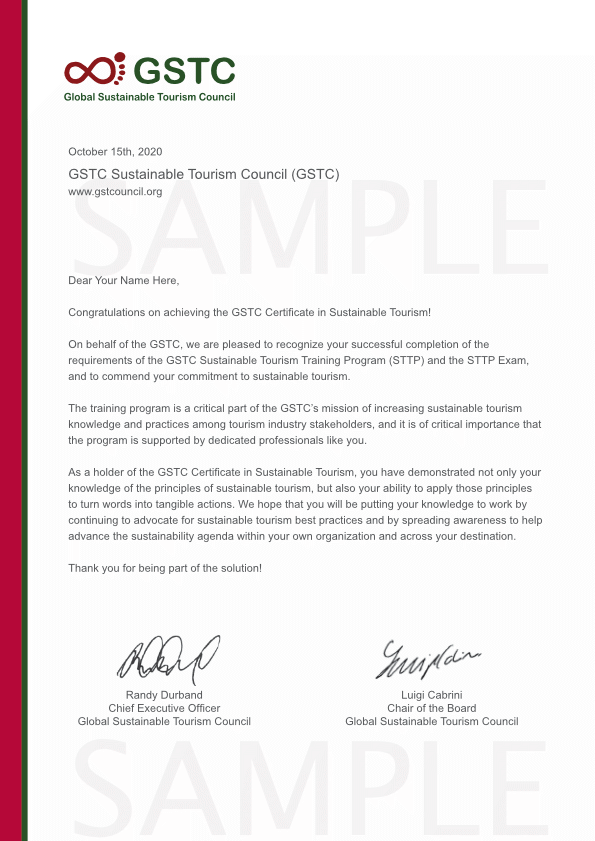 Certificate in Sustainable Tourism Letter